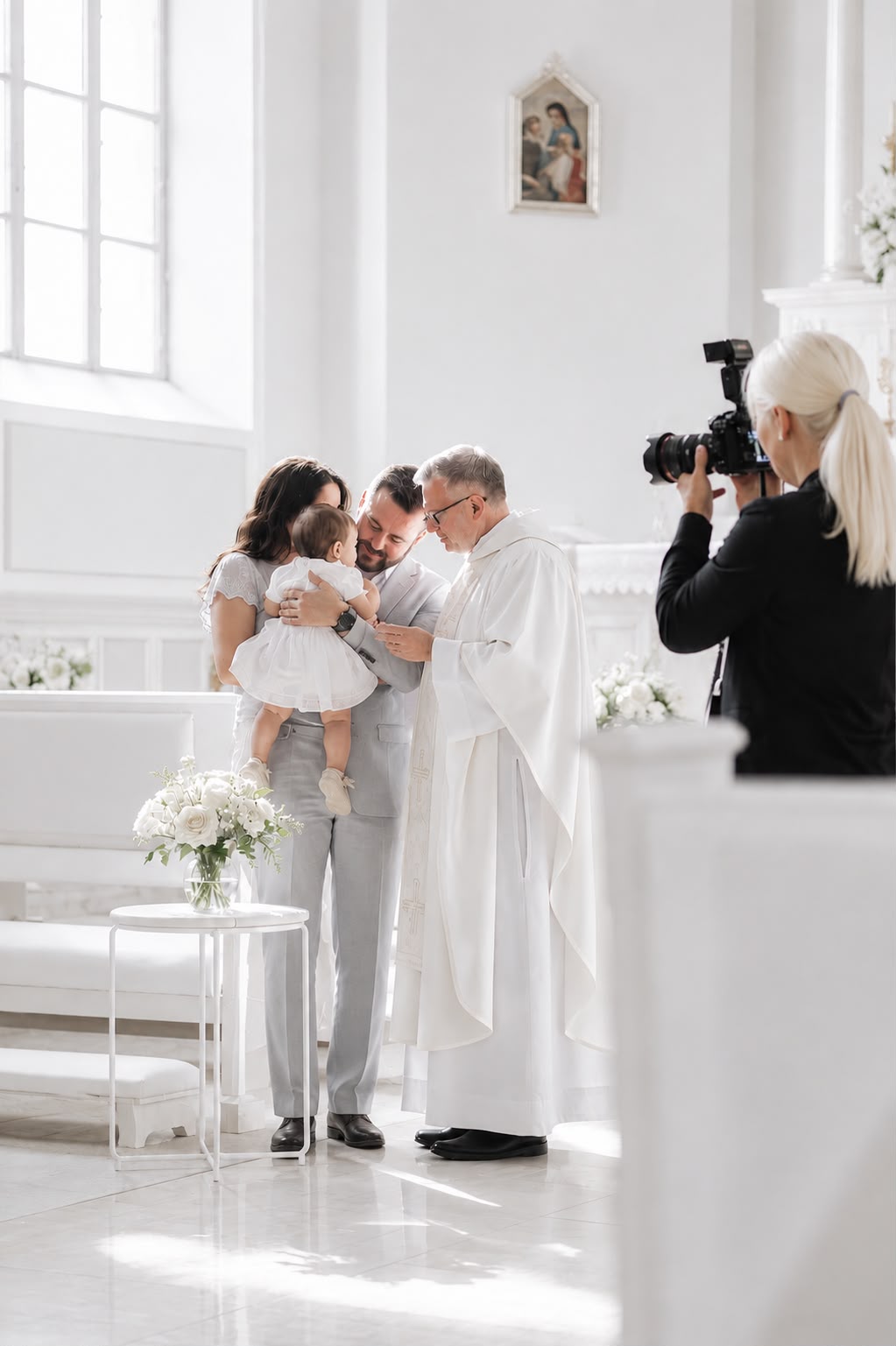 Fotógrafa trabajando durante la ceremonia de un bautizo con el sacerdote y la familia