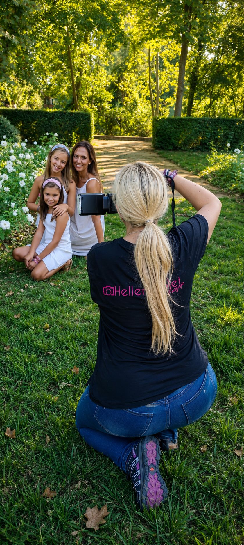 Hellen fotografiando a una familia durante una sesión al aire libre